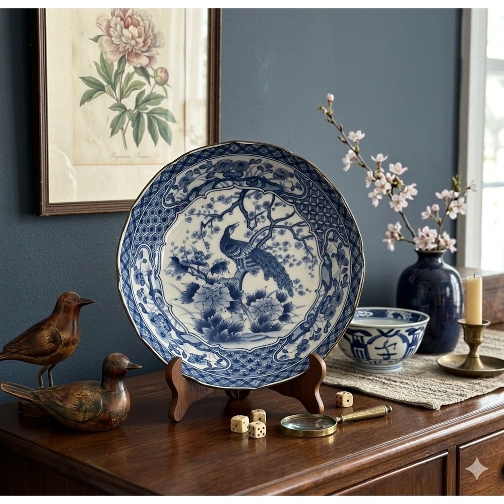 Vintage Japanese Arita Blue White Peacock Porcelain Bowl Scalloped Imari Plate